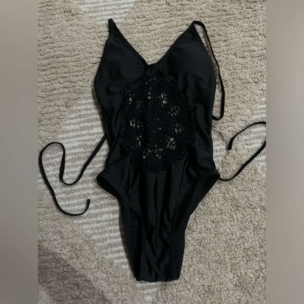 Black Swim One Piece Halter Tie Low Back